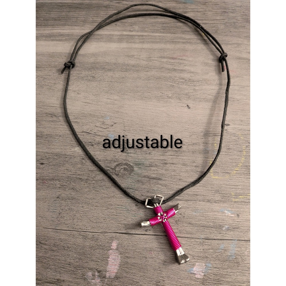 Handmade Horseshoe Nail Cross Necklace Pink Wire Wrap Adjustable Black Cord